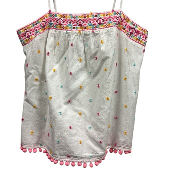 Crown & Ivy Cotton Swiss Dot Embroidered Pom Pom Spaghetti Strap Tank Top Small - Picture 4 of 10